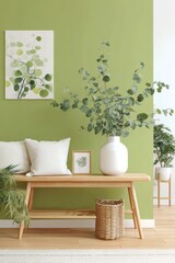 Inviting room atmosphere enhanced by greenery and decorative objects.