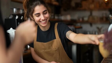 Medium shot of a gig worker happily discussing insurance options with a benefits advisor at a local cafe.