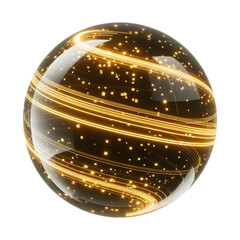 Glowing golden light trails and particles swirling within a transparent sphere on black isolated on transparent background, illustration