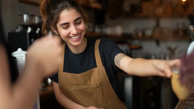 Medium shot of a gig worker happily discussing insurance options with a benefits advisor at a local cafe.