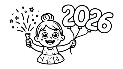 New Year Celebration 2026: A cheerful girl gleefully welcomes the upcoming year, holding aloft a celebratory sparkler and buoyant balloons displaying the year 2026.