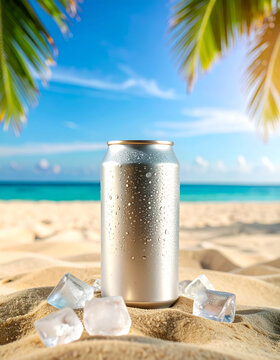 A can of soda is sitting on the sand next to some ice