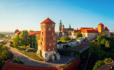 Soft lighted Wawel Castle during sunset at golden hour, Krakow, Poland
