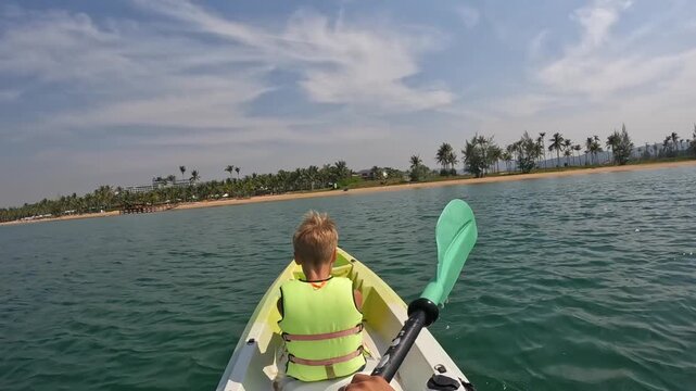 First-person view: an adult rowing in a kayak, a child in a life jacket with his back in front, a beach with palm trees and a calm sea; horizontal video.
