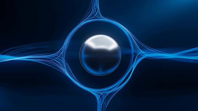 Futuristic electromagnetic field visualization with glowing blue magnetic lines swirling around a metallic sphere in a dark studio environment, seamless loop video footage