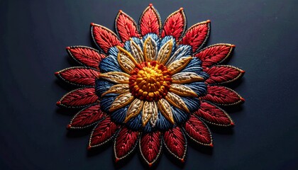 Detailed Embroidered Flower with Red Blue and Yellow on Black Backdrop
