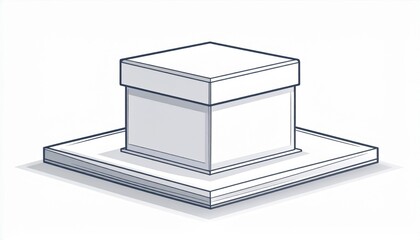 Isometric White Square Box on Platform with Subtle Shadows and Outlines