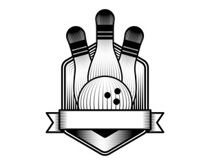 vintage bowling sport logo illustration featuring ball and pins with shield badge in retro woodcut style vector art isolated tournament emblem engraved drawing