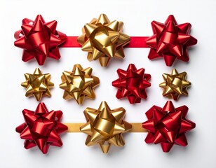 Golden and Red Christmas Bows Arranged on Ribbon on White Background