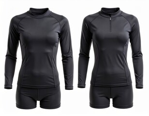 Two Dark Fitted Long Sleeve Athletic Shirts and Shorts on White Background