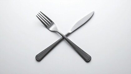 Silver Fork and Knife Crossed on a White Background Still Life