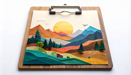 Pixel Art Landscape with Mountains and Forest on Clipboard in Soft Light