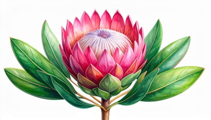 Watercolor Illustration of Pink Protea Flower with Green Leaves on White