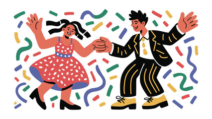 Joyful Dance Illustration: Vibrant illustration of a couple lost in the rhythm, dancing with pure glee and the joy of the moment, surrounded by confetti.