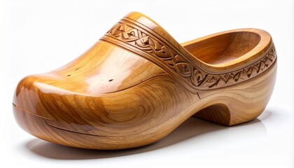 Classic Wooden Clog with Carved Decoration on White Background