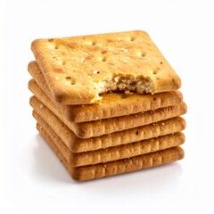 Stack of Golden Square Crackers with Salt Sprinkled Isolated on White Background