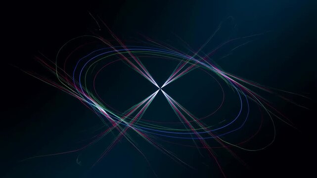 Abstract animation of colorful electromagnetic field lines radiating and rotating with neon glow on dark background loop