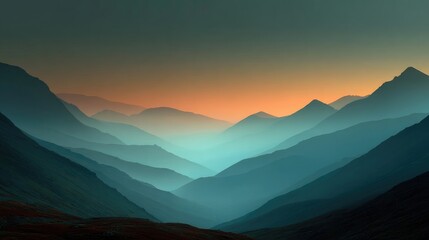 mountain horizon fading into mist, dreamy and peaceful mood 