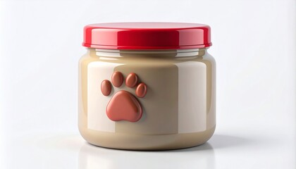 Peanut Butter Jar with Red Lid and Paw Print on White Background