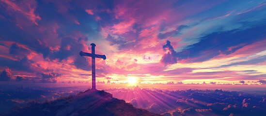 Wooden cross on a mountain peak at sunrise with dramatic clouds and golden light, creating a spiritual landscape scene переведи
