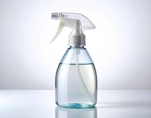 Clear Plastic Spray Bottle with Liquid on White Gradient Background