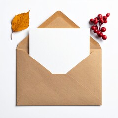 Blank White Card in Brown Envelope with Autumn Foliage on White Background