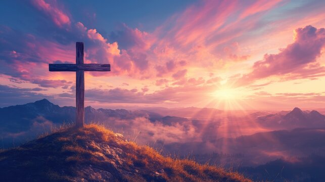 Wooden cross on a mountain peak at sunrise with dramatic clouds and golden light, creating a spiritual landscape scene переведи