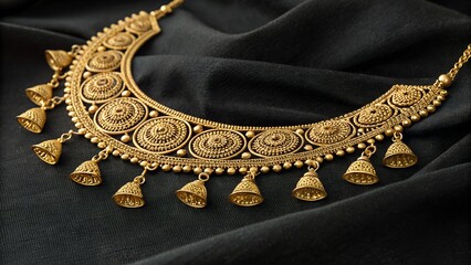 Beautiful Neckless gold jewellery isolated on black background side view. Jewellery stock photo.
