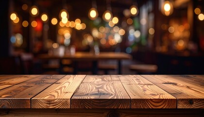 Wooden table foreground with blurred pub interior