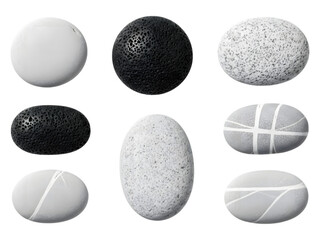 3d illustration of collection of smooth and textured gray and black river stones isolated on transparent background