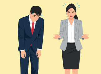 Exhausted and overwhelmed business people man slumps, sweating from burnout, next to a stressed, confused woman with hands up, symbolizing work problems or failure.