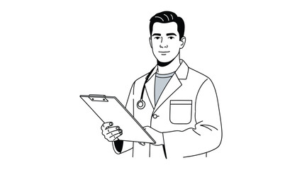 Doctor's Inspection: A medical professional stands confidently, holding a clipboard and stethoscope, ready to assist patient and providing expertise.