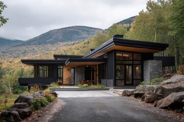 Fototapeta premium Modern house positioned near mountains with trees and clear sky in the foreground creating a natural setting at a scenic location during autumn