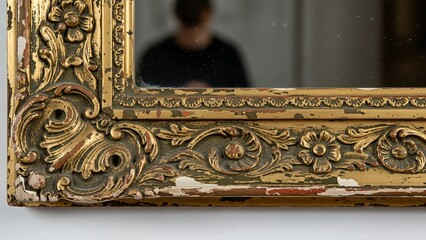 Antique gilded mirror frame with intricate carvings and patina.