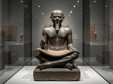 Ancient Egyptian statue of a scribe holding a papyrus
