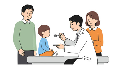 Nurturing Child's Health: A doctor skillfully feeds a young child during a medical checkup, with caring parents observe, embodying health, care, and the doctor's dedication.