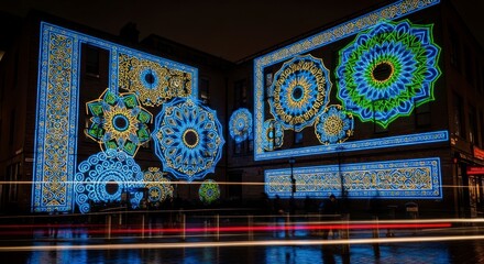 Decorative light display with geometric patterns and colorful projections