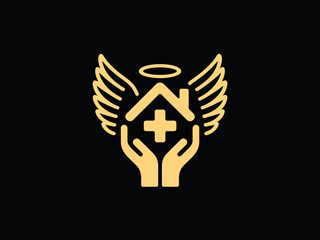 Angelic Hands Protecting Home Healthcare Symbol with Wings and Medical Cross