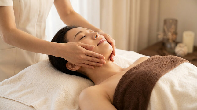 フェイシャルエステを受ける日本人女性｜サロン施術・リラクゼーション・スキンケア / Japanese woman receiving a facial treatment | beauty salon, relaxation, skincare