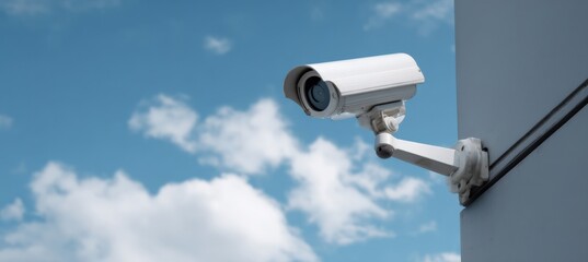 Outdoor security camera on building wall against blue sky background