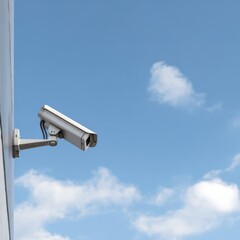Wall-mounted security camera against blue sky with clouds