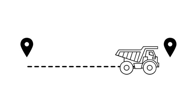 Minimalist Dump Truck Animation with Map Pin Locations and Dotted Line Path on White Background
