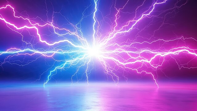 Vibrant blue and pink lightning bolts striking from a central bright light source, reflecting on a dark surface.