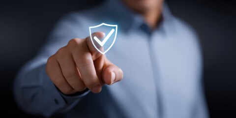 Male hand touching virtual shield icon in digital security concept