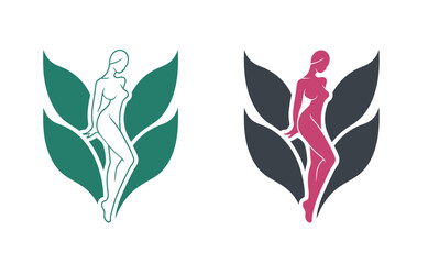 Naklejka premium Woman Silhouette with Leaves Logo