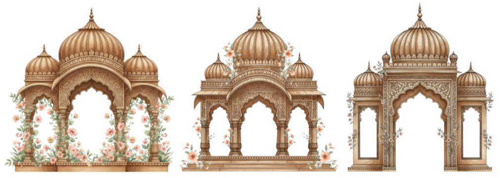 Row of ornate Indian temple arches and wedding mandaps suited for footer designs in Kankotri and religious invitations.