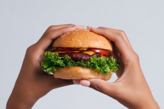 African female holding gourmet burger with lettuce, tomato, and cheese