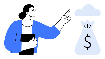 Businesswoman holding a folder and pointing to a cloud with a money bag symbol. Ideal for finance, cloud computing, digital banking, investment, technology, savings, economy themes