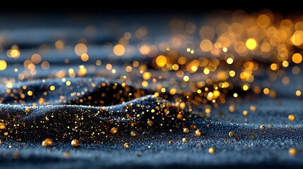 Abstract glittering gold particles on dark blue textured surface with bokeh light background