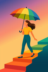 Colorful flat vector illustration of a young woman walking up geometric stairs while holding a rainbow umbrella against a soft gradient background. Modern minimalist design, suitable for posters, web
